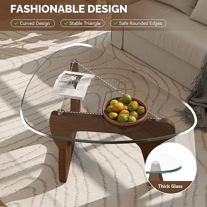 Modern Glass Coffee Table, Triangle Center Table with Tempered Glass Top& Unique Wooden Base, 31.5” Mid Century Tea Tables for Living Room, Apartment, Office,Walnut &Transparen