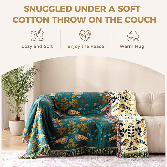 Boho Throw Blanket for Bed 100% Cotton Soft Lightweight Quilt Blanket Bird Floral Embroidery Spring Room Decor Large Bed Blankets,90"x98" All Season Rustic Throw for Sofa Couch Chair