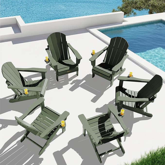 SERWALL Adirondack Chair Set of 6, Weather Resistant HIPS Lawn Chairs with Cup Holder for Patio Garden Outdoors Fire Pit- Army by SERWALL