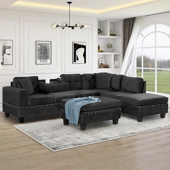 Ball & Cast L-Shape Sectional Couch with Storage Ottoman,105" Couches for Living Room W/ 2 Pillows & Cup Holders,6 Seat Velvet Sleeper Sofa W/Reversible Chaise,Comfy Couches for Apartment,Black
