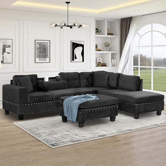 Ball & Cast L-Shape Sectional Couch with Storage Ottoman,105" Couches for Living Room W/ 2 Pillows & Cup Holders,6 Seat Velvet Sleeper Sofa W/Reversible Chaise,Comfy Couches for Apartment,Black