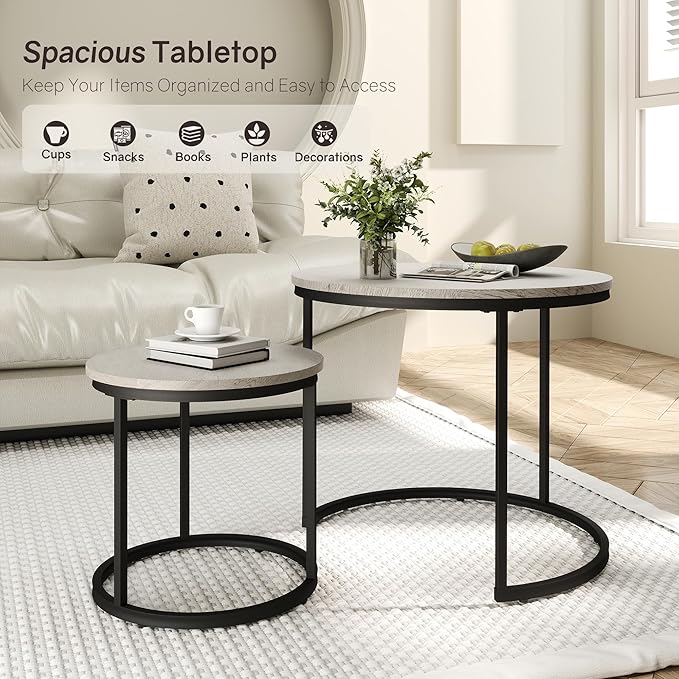 Nesting Tables Set of 2, Wood Grain Grey Round Coffee Table, Small Nesting Coffee Table with Adjustable Non-Slip Fee, Wood Grain Top Nesting Tables for Living Room, Bedroom