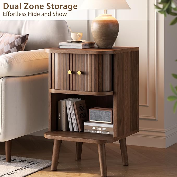 Decofy Fluted Nightstand, Mid Century Modern Bedside Table with Charging Station, Walnut End Tables with Sliding Tambour Doors, Storage Cabinet and Open Shelf for Bedroom, Walnut - Image 4