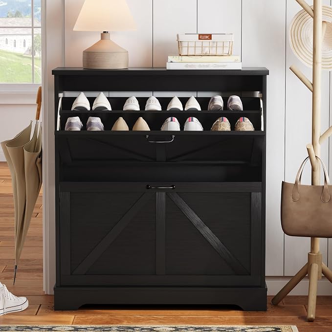 Semiocthome Farmhouse Shoe Storage Cabinet with 2 Flip Drawers, 31.5"(W) Freestanding Shoe Organizer with Barn Door and Metal Handles for Entryway, Corner Rustic Narrow Shoe Rack Cabinet - Black - Image 3