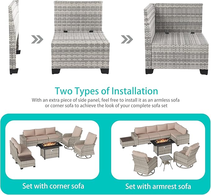 10-Piece Outdoor Patio Furniture Set with Swivel Rocking Chair, Outdoor Sectional Sofa with 55,000 BTU Fire Pit Table PE Wicker Rattan Patio Conversation Set with Coffee Table, Khaki