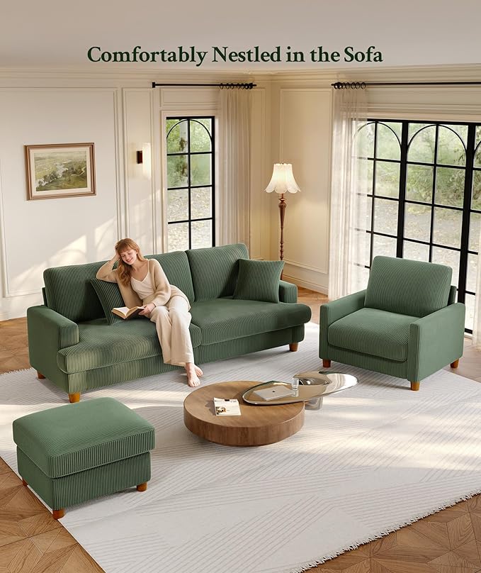 25.2" Couches for Living Room, Comfy Green Ottoman with Storage, Foot Rest Tool-Free Setup, Small Ottoman Foot Rest for Couch, Corduroy Couch for Bedroom, Apartment, Office