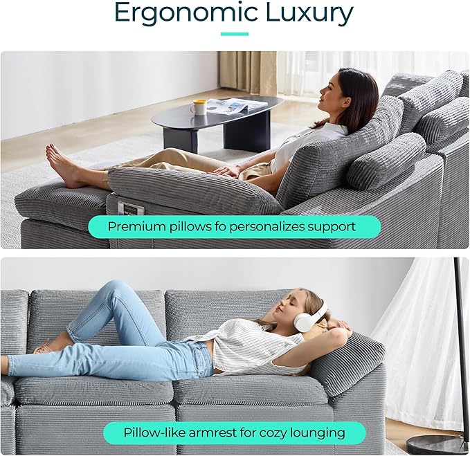 LINSY HOME 139" Modular Couch Modern Boneless Cloud Couch, U Shaped Sofa with Movable Ottomans, Deep Seat Corduroy Sectional Couches for Living Room, Apartment, No Assembly Required, Grey