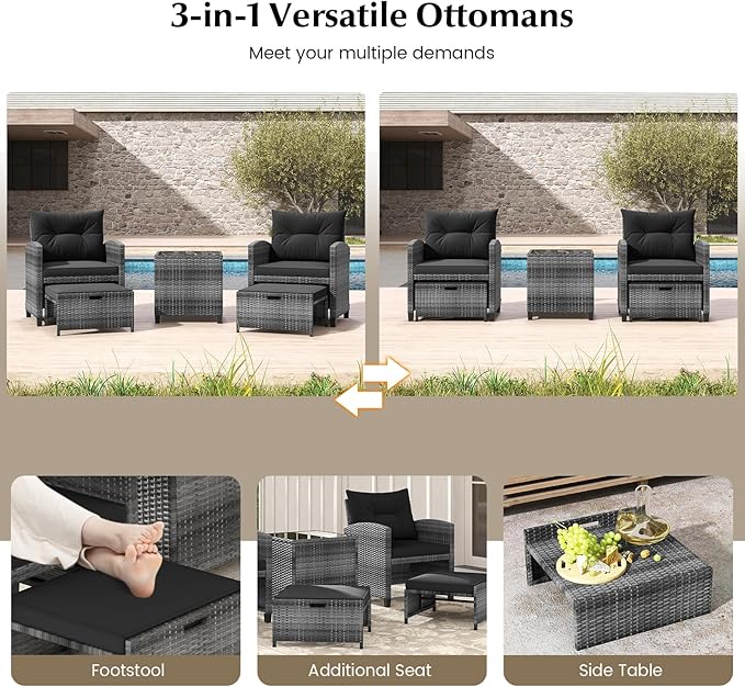 KOTEK 5 Pieces Patio Furniture Set with Ottomans, Wicker Patio Conversation Set with Coffee Table & Cushions, PE Rattan Outdoor Lounge Chairs for Backyard, Porch, Poolside (Mix Grey- Black)