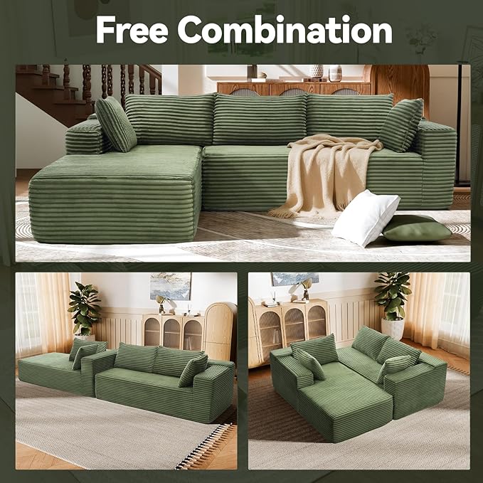 106" Modular Sectional Sofa, Green Corduroy Cloud Couch with Right Chaise, Deep Seat Boneless Floor Sofa for Living Room, High-Resilience Foam Support, No Assembly Required, Includes Pillows | Sectional Sofa, Corduroy Cloud, Boneless, High-Resilience, ...