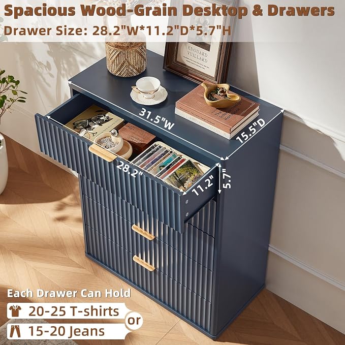 LEYAOYAO Fluted 5 Drawers Dresser for Bedroom Set of 2, 41" Tall Modern Chest of Drawers with Metal Handle, Curved Profile Design,Blue Wood Drawer Organizer for Bedroom, Living Room, Hallway - Image 6
