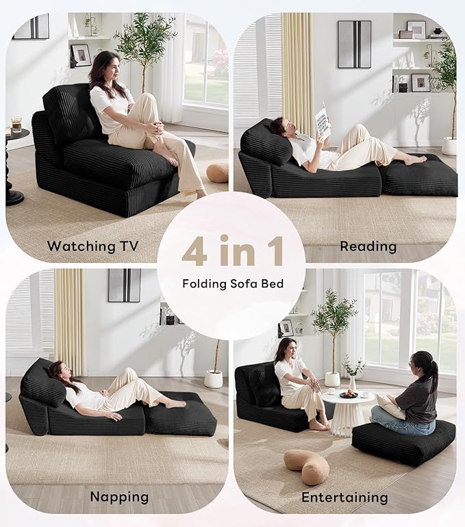 Tbfit Convertible Sleeper Chair, Adjustable Folding Sofa Bed with Large Pillow, Corduroy Folding Couch Bed, Portable & Foldable Mattress Boneless Floor Sofa for Living Room, RV, Office, Black, Single