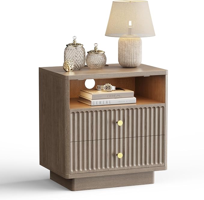 PAPROOS 23'' Fluted Nightstand with Charging Station, Modern Bedside Table with Motion Sensor LED Light, 2-Drawer Storage Cabinet for Bedroom & Home Office (1 pc Brown Gray) by CalmDesignQuietRefinement