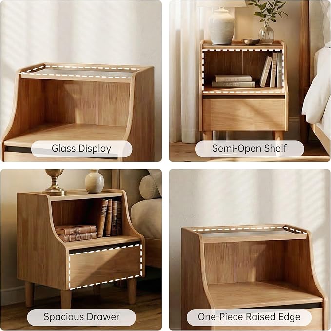 YESWOOD 100% Solid Wood Nightstand, Natural Oak Nightstands with Drawer Open Storage, Modern Night Stand with Glass Tabletop, Wooden Bedside Table for Bedroom, Side Table Living Room(23.62" H) - Image 4