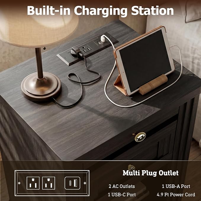STO'SENSE Nightstands Set of 2, Narrow Night Stands with Charging Station & Led Light, Wood Nightstand Bedside Table with Drawers & Pull-Out Tray, End Table for Bedroom, Black - Image 5