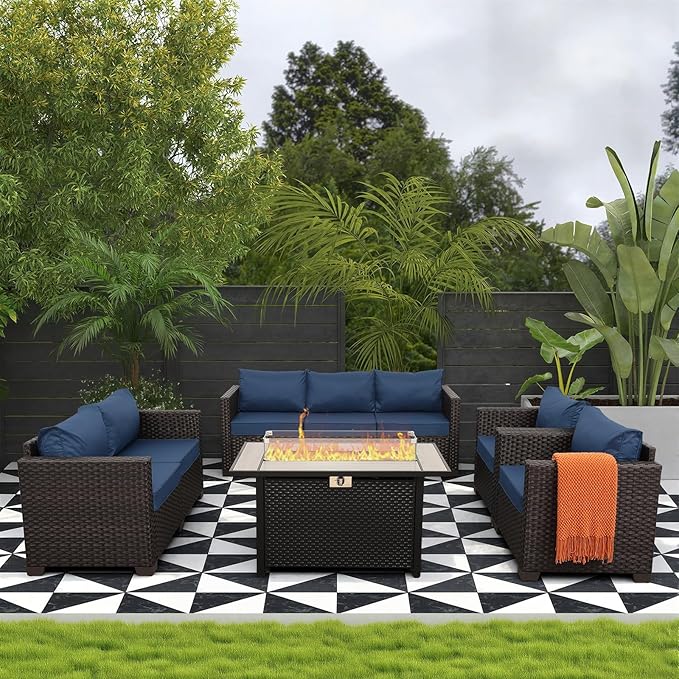 Rattaner 5-Piece Outdoor Patio Furniture 45 in Outdoor Fire Pits Patio Furniture Set 60000 BTU Outdoor Propane Fire Pit No-Slip Cushions Waterproof Covers, Navy Blue