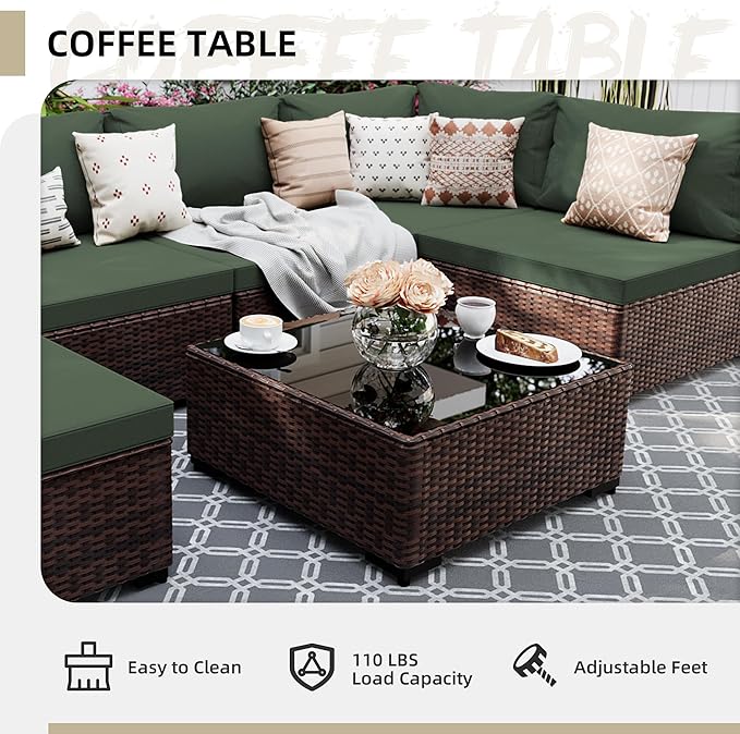 UPHA 7 Pieces Patio Furniture Sets, Wicker Outdoor Sectional Sofa Couch with Coffee Table, Patio Conversation Set for Deck Backyard Garden, Brown Rattan, Pine Green Cushion