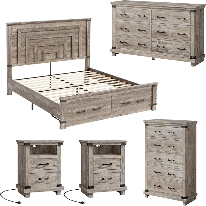 AMERLIFE 5 Pieces Farmhouse Bedroom Set, Includes Rustic Full Bed Frame with 54" Tall Headboard, 6 Drawer Dresser, 5 Drawer Tall Chest, Nightstands Set of 2 with Charging Station, Rustic Grey