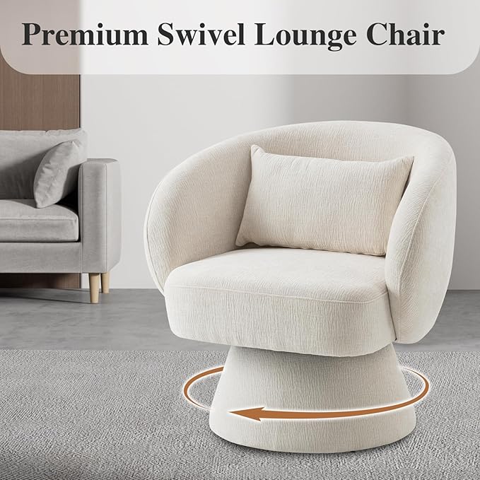 360° Swivel Accent Chair, Modern Velvet Barrel Chair with Pillow, Upholstered Single Sofa for Living Room, Bedroom, Office, Ivory