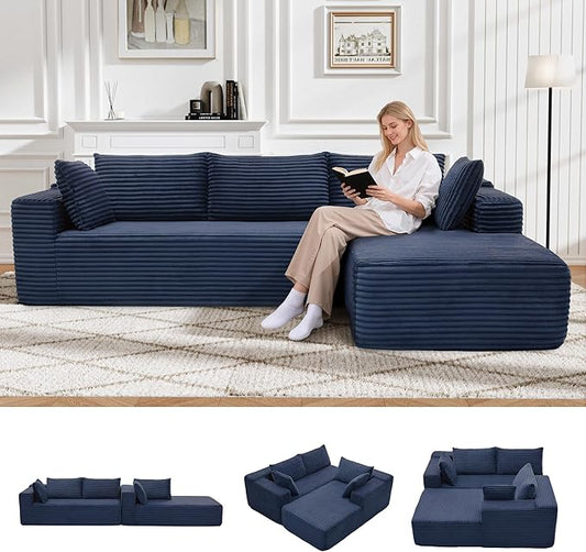 105" Cloud Sectional Couch with L-Shape Chaise,Modern Modular Sofa with Deep Seat, Fluffy Boneless Couches for Living Room Bedroom,No Assembly Required, Dark Blue (Plush Flannel Fabric)