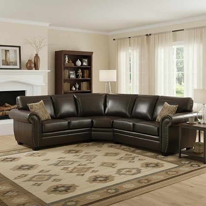 AC Pacific Louis Collection Traditional 3-Piece Upholstered Leather Living Room Sectional with Antique Nail Head Trim and 2 Accent Pillows, Brown