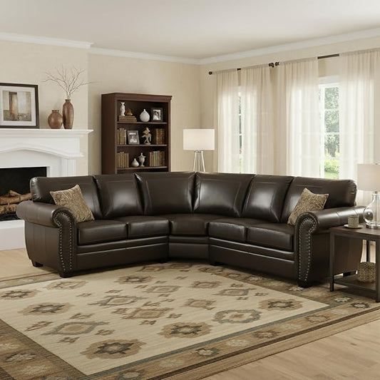 AC Pacific Louis Collection Traditional 3-Piece Upholstered Leather Living Room Sectional with Antique Nail Head Trim and 2 Accent Pillows, Brown