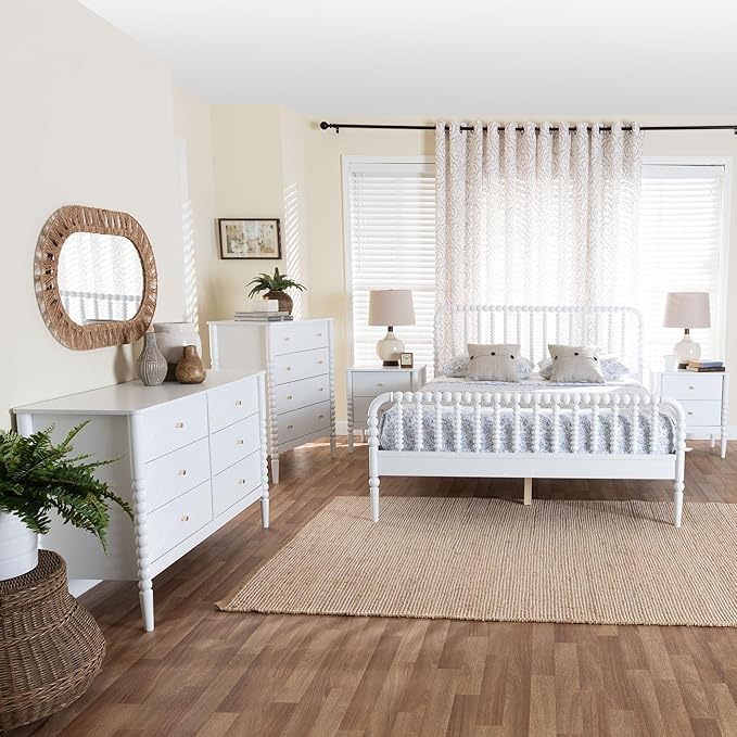 Baxton Studio Lucera Bobbin Wood Bedroom Set, 5-Piece, Full, White