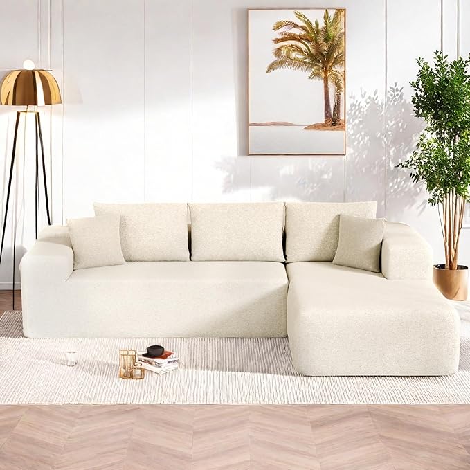 L-Shape Cloud Sectional Sofa, 104” Modern Modular Boneless Couch with Left Chaise Lounge, Compressed Floor Sofa with 5 Pillows & Deep Seat, Rain Drop Velvet Couch for Living Room, Beige