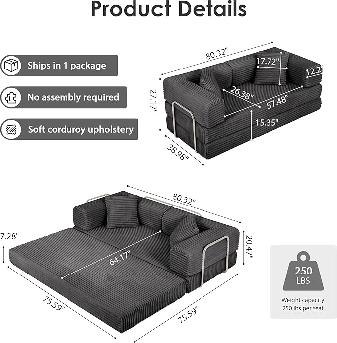 Eafurn 4-in-1 Convertible Folding Sofa Bed Boneless Loveseat Sofa in a Box - Foam Sleeper Couch with Fxied Frame, Modern Corduroy Upholstered Floor Couch & Fold Out Mattress | Breathable material, Fixed-shape Frame