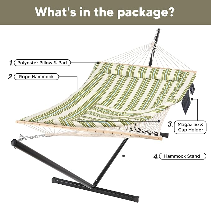 SUNCREAT Cotton Rope Hammock for Two People with Hardwood Spreader Bars, Quilted Fabric Pad & Detachable Pillow, Extra Large Hammock with 12 FT Steel Stand, Ipad Bag & Cup Holder, Green&Beige - Image 7