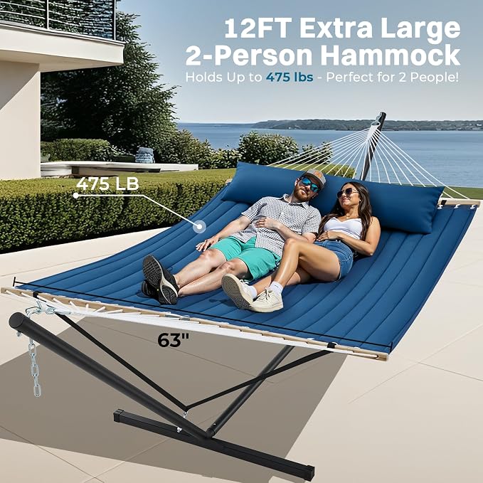 SUPERJARE Hammock with Stand, 2 Person Quilted Outdoor Hammock, Detachable Pillow & Bamboo Spreaders, Portable Hammock with Carrying Bag, Heavy Duty Stand, Perfect for Outside, Patio, Navy Blue - Image 3