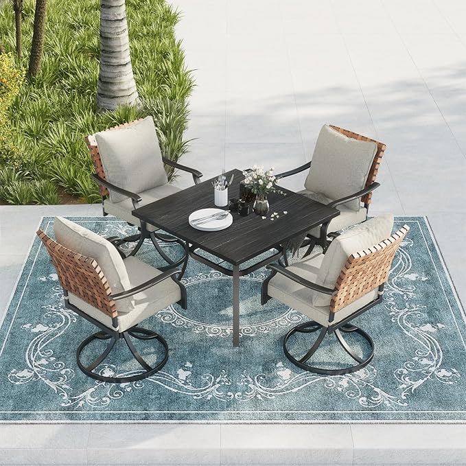 Grand patio 5-Piece Outdoor Dining Set, 4 Leather-Look Wicker Swivel Patio Chairs & 1 Square Dining Table, Black - Image 2