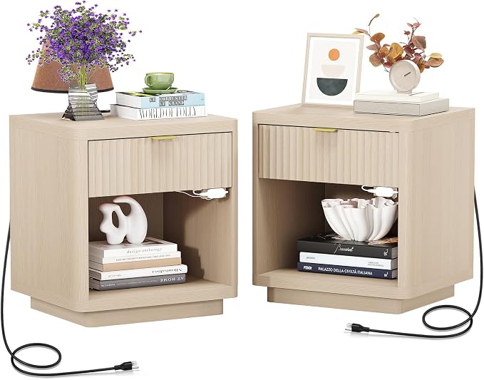 ROCSUMOO Fluted Nightstand Set of 2 - Nightstands with Charger Station and LED Light, Large Modern Night Stand with Sensor, 22" Wide Nightstand (Light Wood) by ROCSUMOO