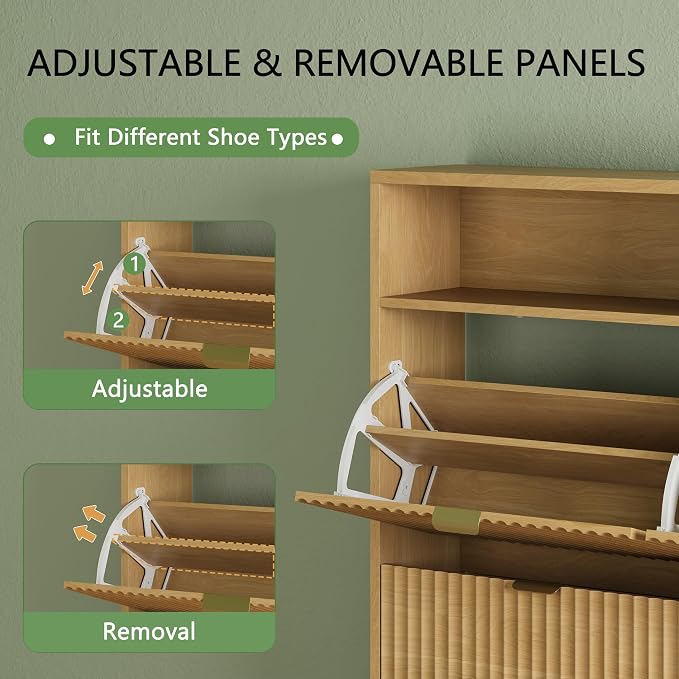 Xixini Shoe Cabinet with 4 Flip Drawers, 46" Tall Hidden Fluted Shoe Storage Organizer for Entryway, Narrow Slim Wooden Shoe Rack Cabinet for Front Door Entrance, Hallway, Living Room, Natural Oak - Image 3