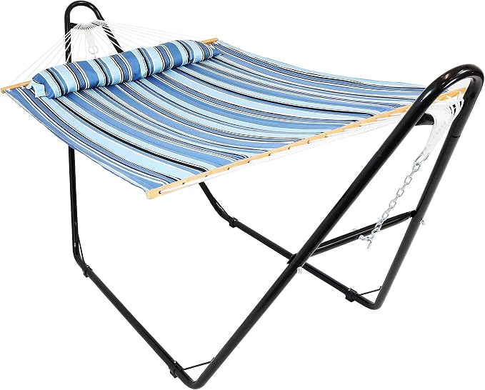 Sunnydaze Double Quilted Fabric Hammock with Universal Steel Stand - 450-Pound Capacity - Black Stand - Misty Beach - Image 10
