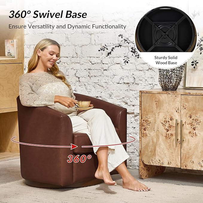 HULALA HOME Genuine Leather Swivel Barrel Chair, Round Swivel Accent Chair with Solid Wood Base, No Assembly Required, Brown