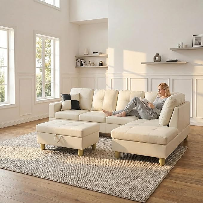 NicBex Modular L-Shaped Sectional Couches, 3-Piece Convertible Couch with Storage Ottoman, 4-Seat Comfy Sofa with Chaise for Living Room & Apartment, Cream White