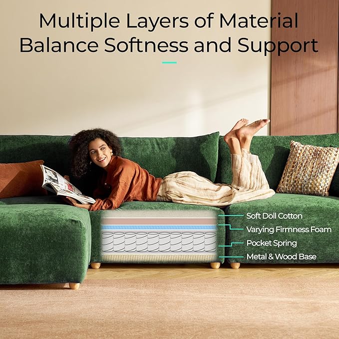 LINSY HOME Cloud Couch Sectional, Modular Sofa Sectionals for Living Room Bedroom, 91" L Shape Love Seat Couch with Ottoman, 2 Seater Deep Seat Cozy Couch Luxury Chenille Sofas, Green