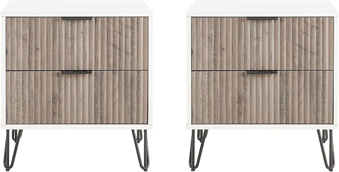 Manhattan Comfort Dumbo Modern Nightstand 2.0 with 2 Drawer & Metal Feet | Splayed Gold Legs | Vertical Ribbed Design | No Tool Assembly Storage for Bedroom, Set of 2, Set of 2, White and Rustic Grey by ManhattanComfort