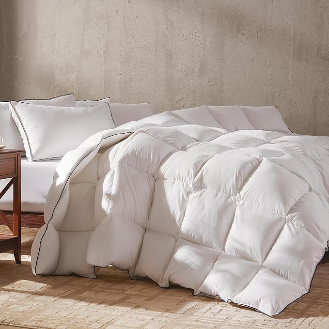Goose Feather Down Fiber Comforter California King Size, Fluffy Cotton Quilted White Duvet Insert, Ultra-Soft, Breathable, Luxury Bedding Comforter All Season with Corner Tabs, 104x 96Inch