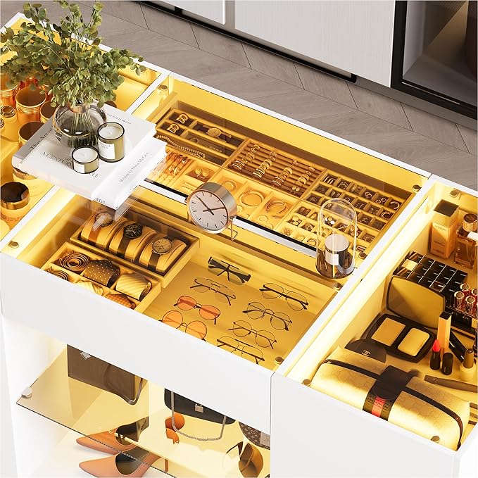 Kikihouse Modern Closet Island with 10 Drawers, LED Wardrobe Armoire Island with Glass Top, Luxury Walk-in Closet Island Storage Cabinet with Display Shelf for Cloakroom (White+Amber Glass)