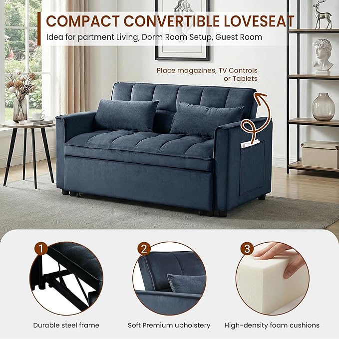 63" Sleeper Sofa with Pull-Out Bed, 3-in-1Folding Convertible Loveseat Sofa Bed with Side Pockets, Adjustable Backrest, Premium Velvet Fabric Futon Couches for Living Room