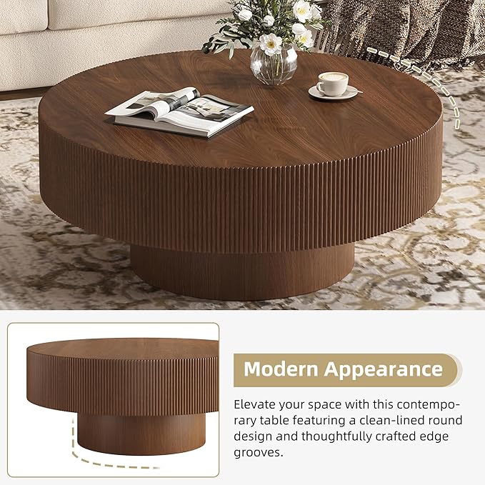 Merax Modern Round Coffee Table with Sturdy Base, Wood Sofa Center Tables for Living Room, Reception Room, Easy Assemble, Walnut