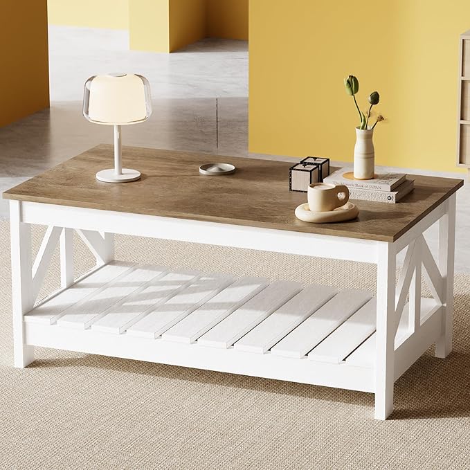 JUMMICO 39” Farmhouse Coffee Table for Living Room, 2-Tier Modern Living Room Table with Storage Shelf, Rustic Rectangular Center Table Space Saving Home Furniture (Gray & White)