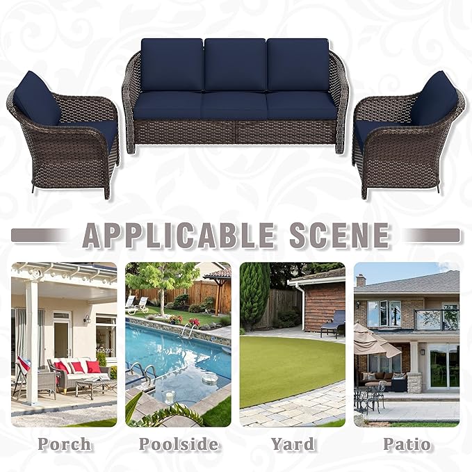 3 Piece Patio Wicker Conversation Set, All-Weather Use Outdoor Wicker Sofa with 2 PE Rattan Chair, Ideal for Porch, Backyard, Balcony, Poolside, Blue