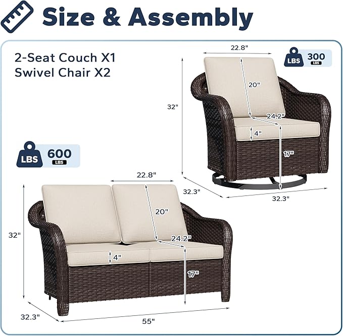 5 PCS Outdoor Conversation Set | 55" Couch, 4 Swivel Chairs, Patio Wicker Conversation Furniture with Removable Cushions for Bistro, Deck, Sunroom (Beige)