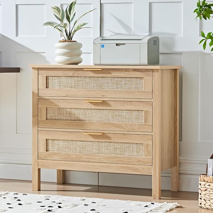 LEYAOYAO 26.8" Wide Rattan Nightstand, Large Boho 3 Drawer Night Stand, Natural Wood Bedside Table with Storage, Tall Bed Side End Tables, Chest of Drawers Dressers for Bedroom, Living Room, Hallway - Image 8