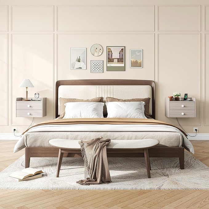 Floating Nightstand Set of 2 with 2 Storage Drawers and Charging Station Wood Wall Mounted Bedside End Table Modern Night Stands Set 2 for Bedroom,Small Space,Grey - Image 3
