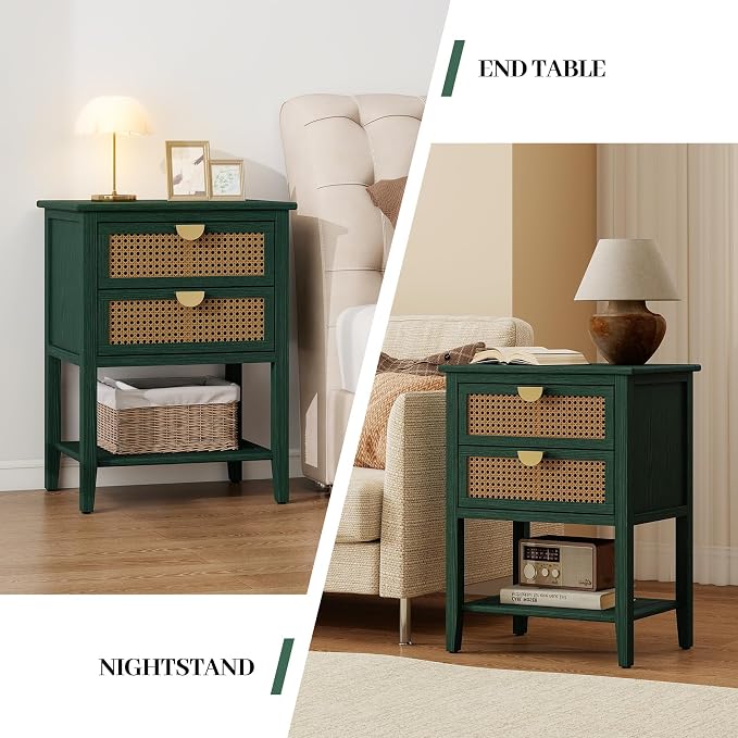 Green Rattan Nightstand with 2 Drawers & 1 Open Storage Shelf, Boho Bedside Table with Golden Semi-Circular Handles & Solid Wood Legs, Narrow Wood Side Table for Bedroom, 1 PC - Image 5