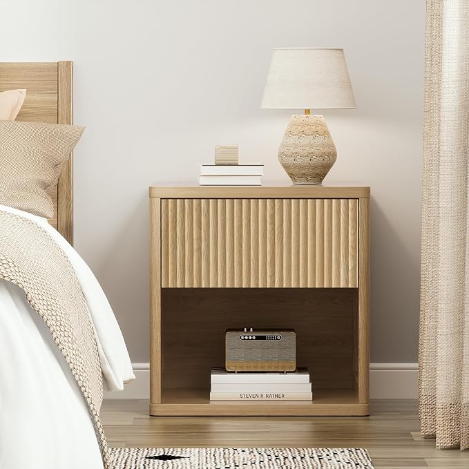 XIAO WEI Set of 2 Natural Wood Fluted Nightstands with Hidden Drawer, 22.8" Wide Mid Century Modern Bedside Table with Open Shelf, Large Accent End Table, Curved Safety Design - Image 2