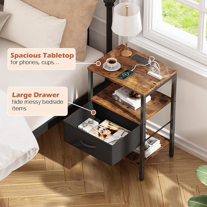 SUPERJARE Nightstand Set of 2, Bed Side Tables with Charging Station, Adjustable Fabric Drawer, Night Stand for Bedroom, 3-Tier Storage End Tables, for Living Room, Rustic Brown and Black - Image 8